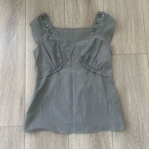 Silk Cotton Blend Gray Women's Blouse with Bejeweled Shoulder Embellishments